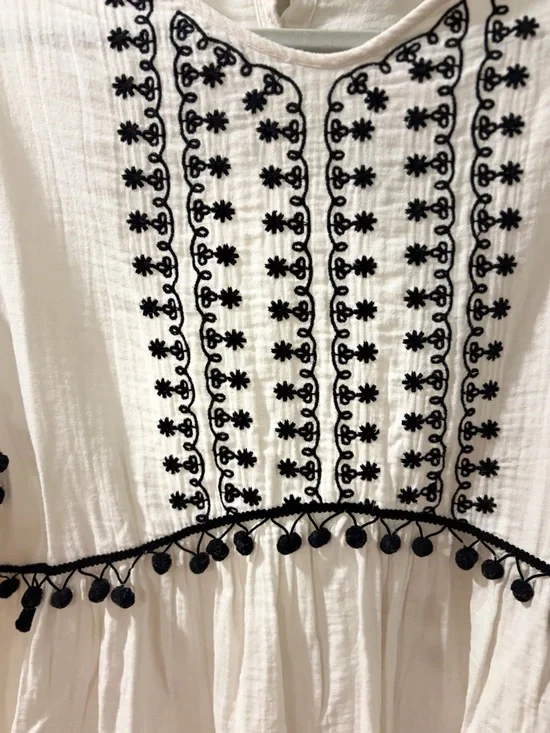 Zara Trafaluc Boho Embroidered Blouse | Pom Trim Peplum Top | Size L - Picture 6 of 6